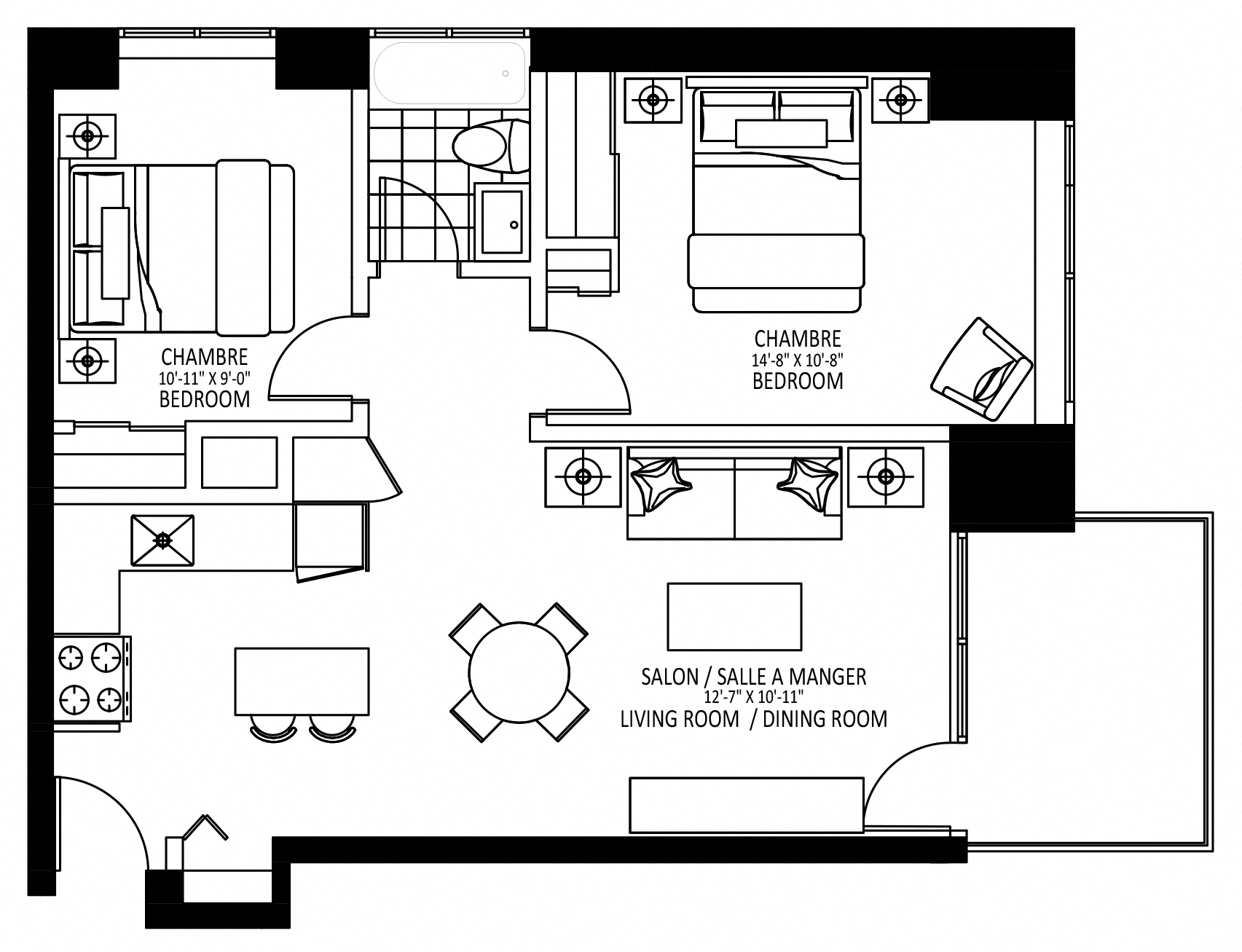 Floor plan for 2 beds, 1 bath, 745 sqft